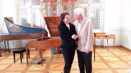Salzburg 60 - With Herr Josef Meingast, the tuner of Mozart's fortepiano for the past 40 years, in the Tanzmeistersaal of Mozart Wohnhaus